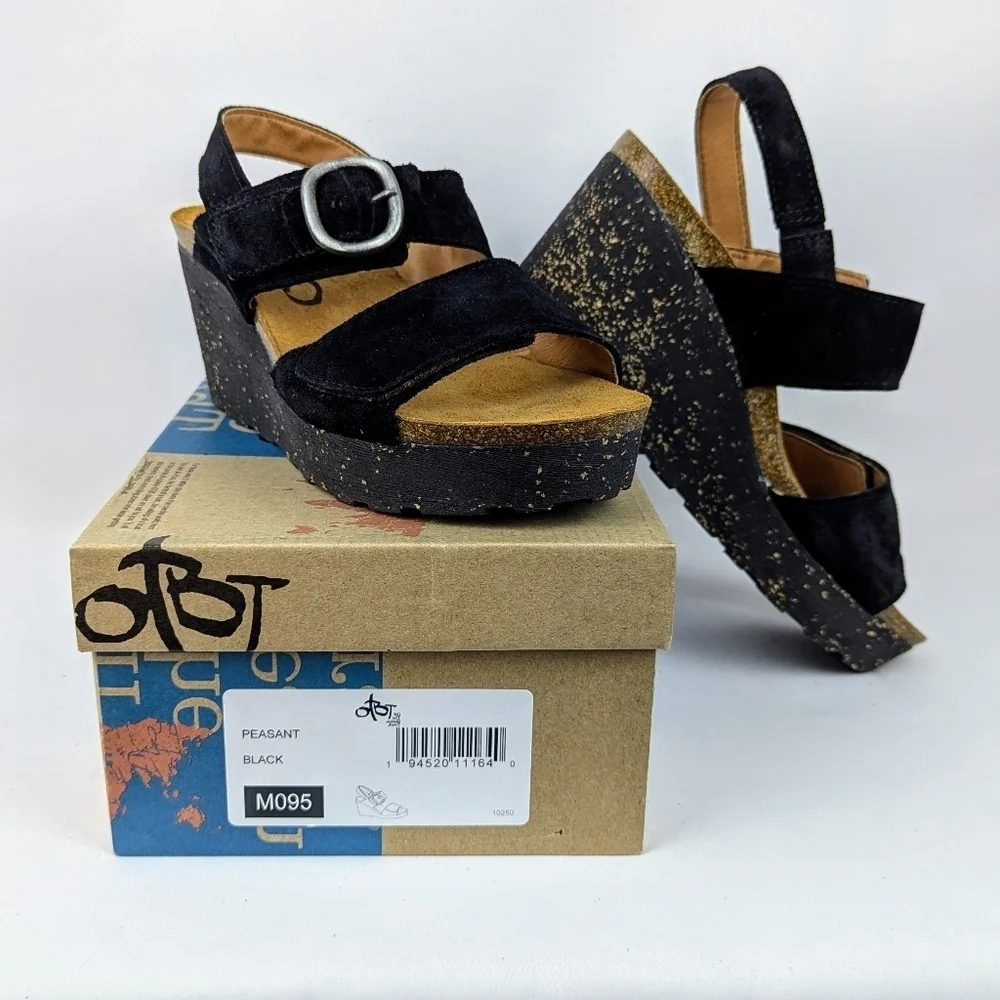 OTBT Peasant Wedge Platform Slingback Sandal Suede Leather Black 9.5M NIB